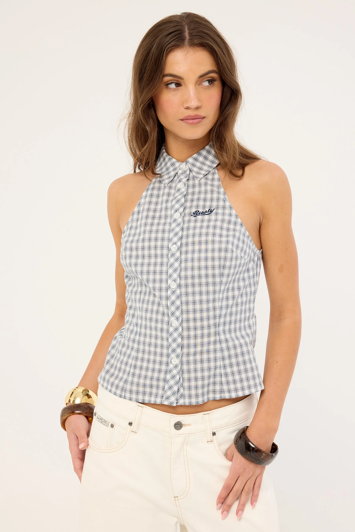 Rusty Missy May Sleeveless Check Shirt Egret Blue Check - Image 2