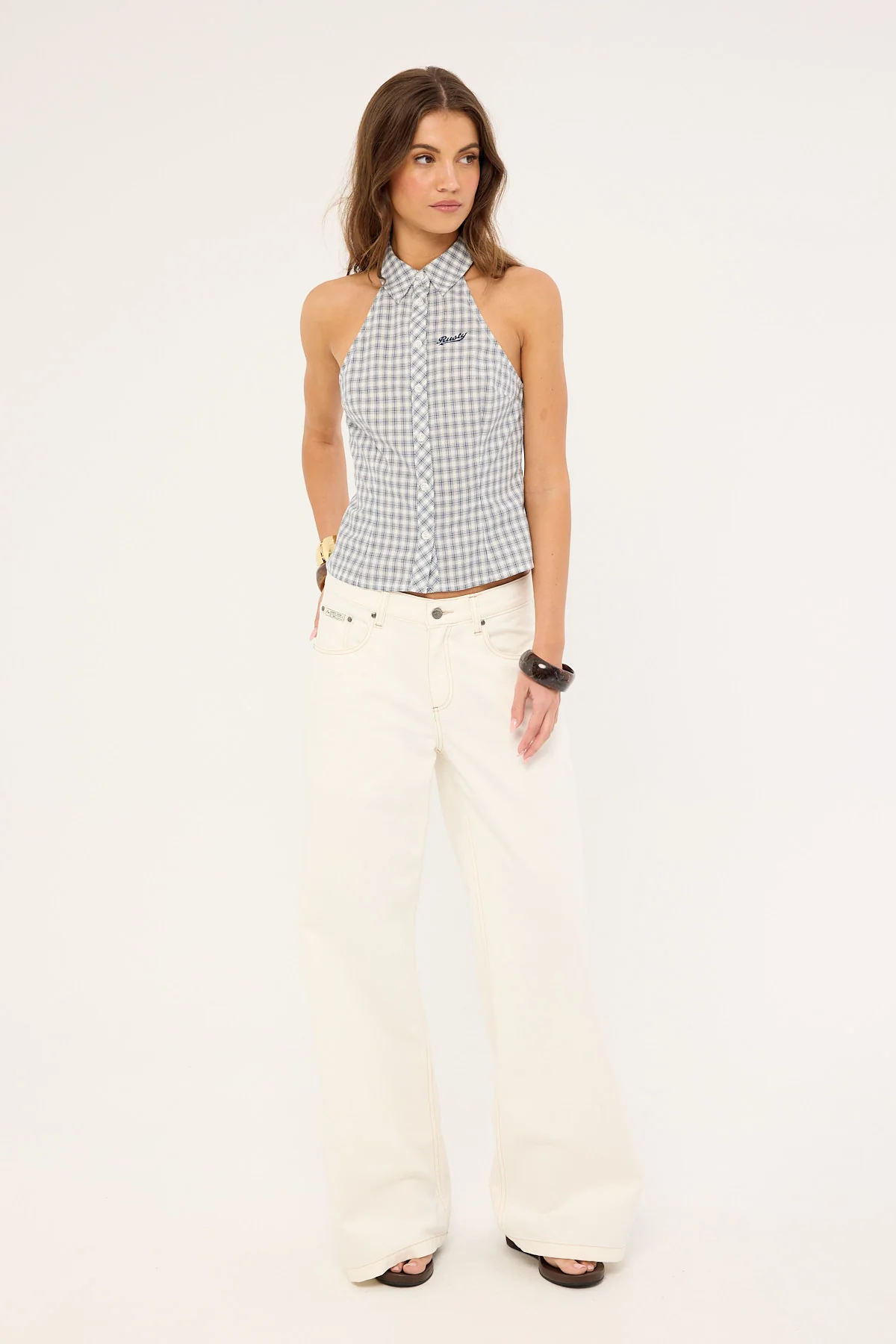Rusty Missy May Sleeveless Check Shirt Egret Blue Check - Image 3