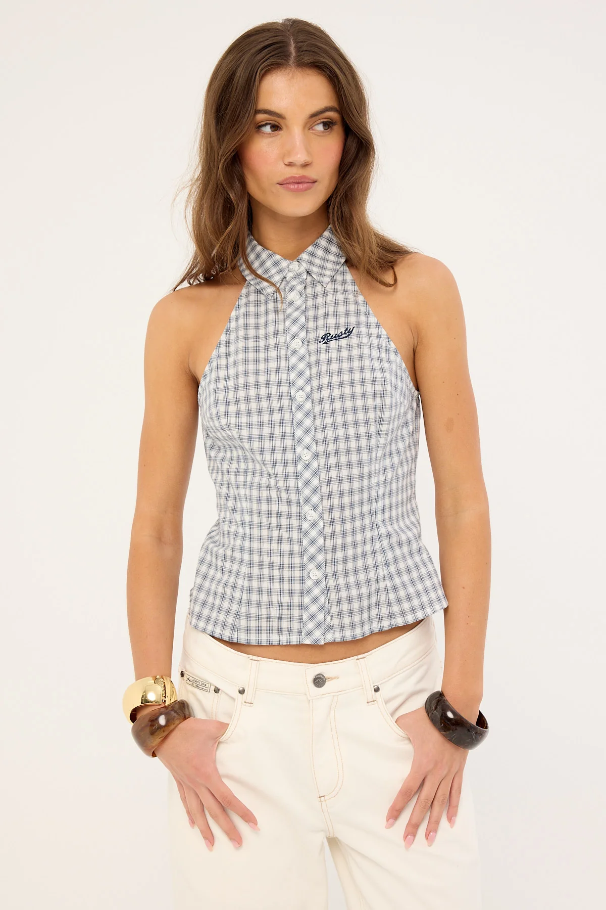 Rusty Missy May Sleeveless Check Shirt Egret Blue Check - Image 4