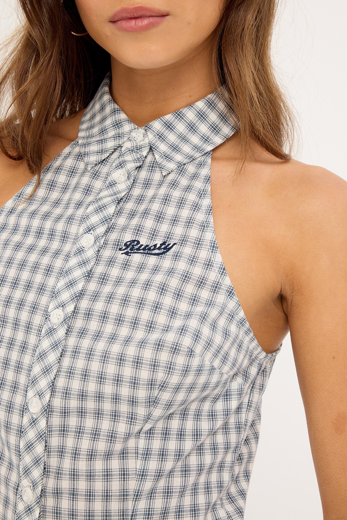 Rusty Missy May Sleeveless Check Shirt Egret Blue Check - Image 5