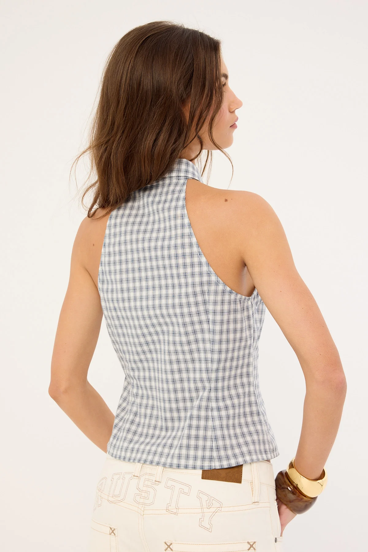 Rusty Missy May Sleeveless Check Shirt Egret Blue Check - Image 7