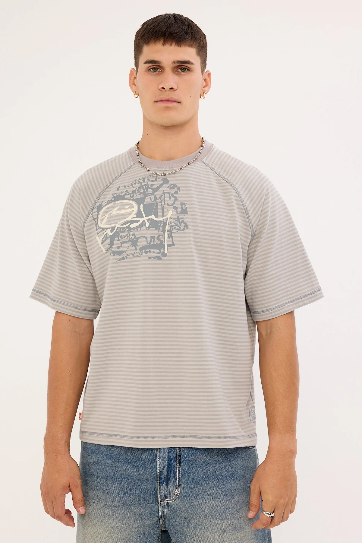 Rusty Riddle Me This Stripe Cropped Raglan Tee Stone Grey