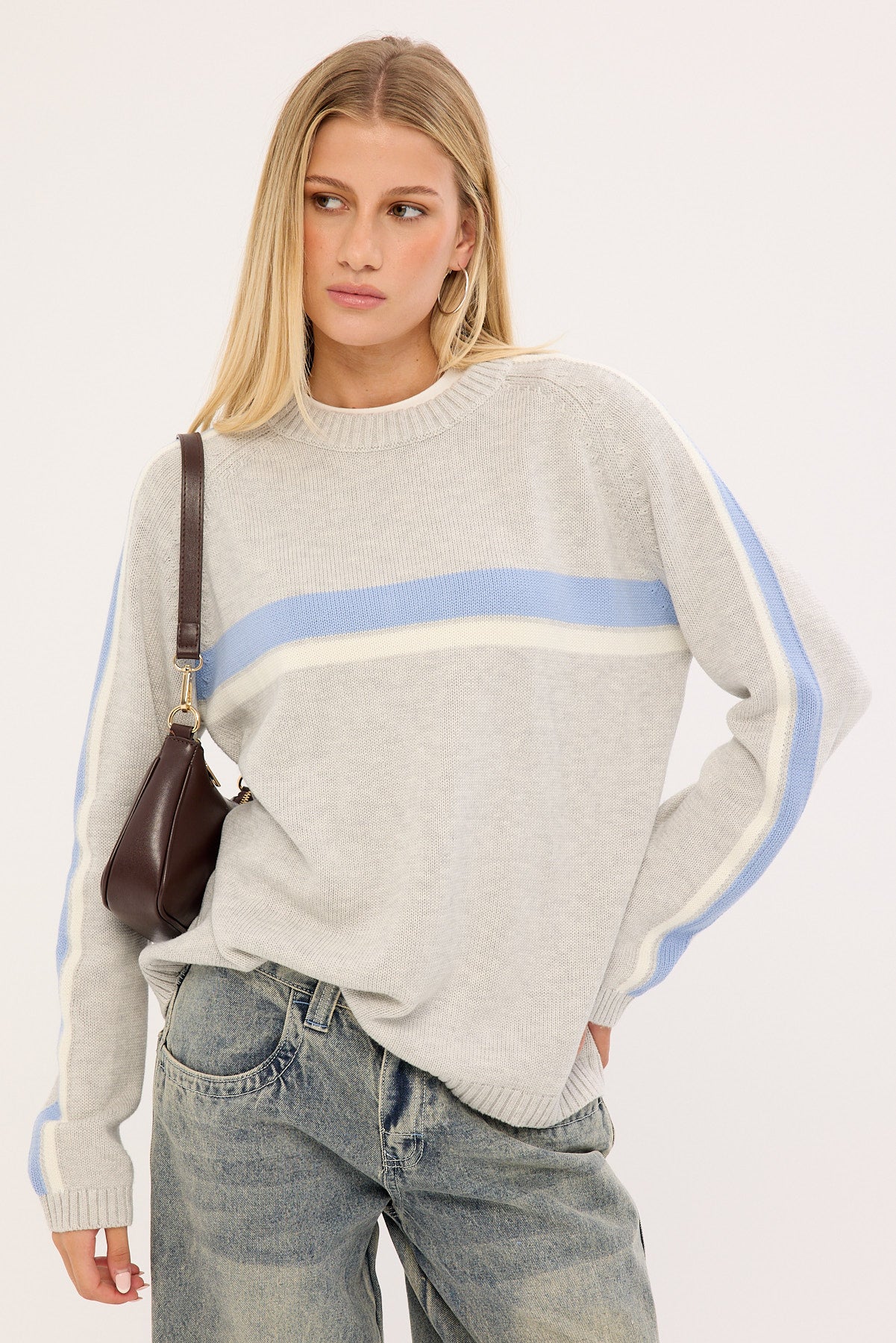 Rusty White Lines Long Sleeve Crew Neck Knit Grey Marle/Blue