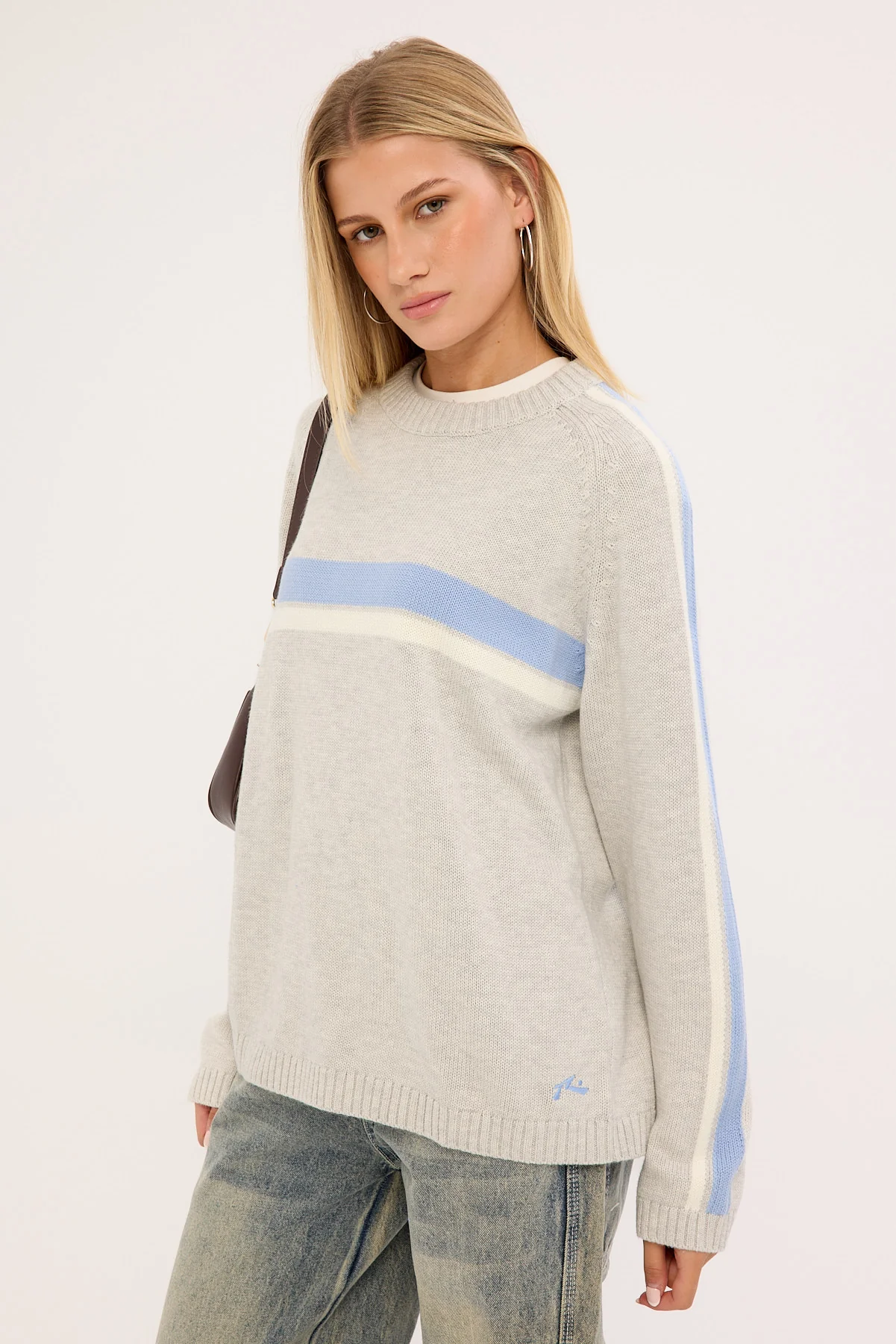 Rusty White Lines Long Sleeve Crew Neck Knit Grey Marle/Blue - Image 4