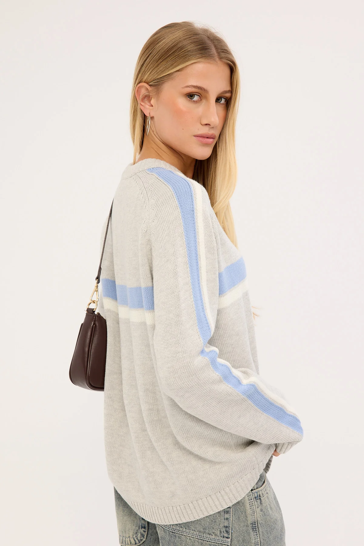Rusty White Lines Long Sleeve Crew Neck Knit Grey Marle/Blue - Image 5