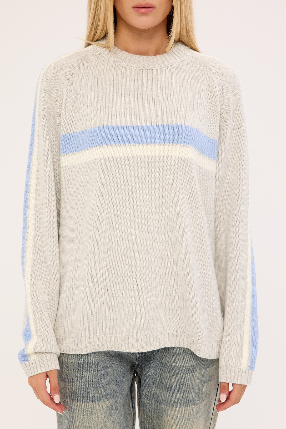 Rusty White Lines Long Sleeve Crew Neck Knit Grey Marle/Blue - Image 6