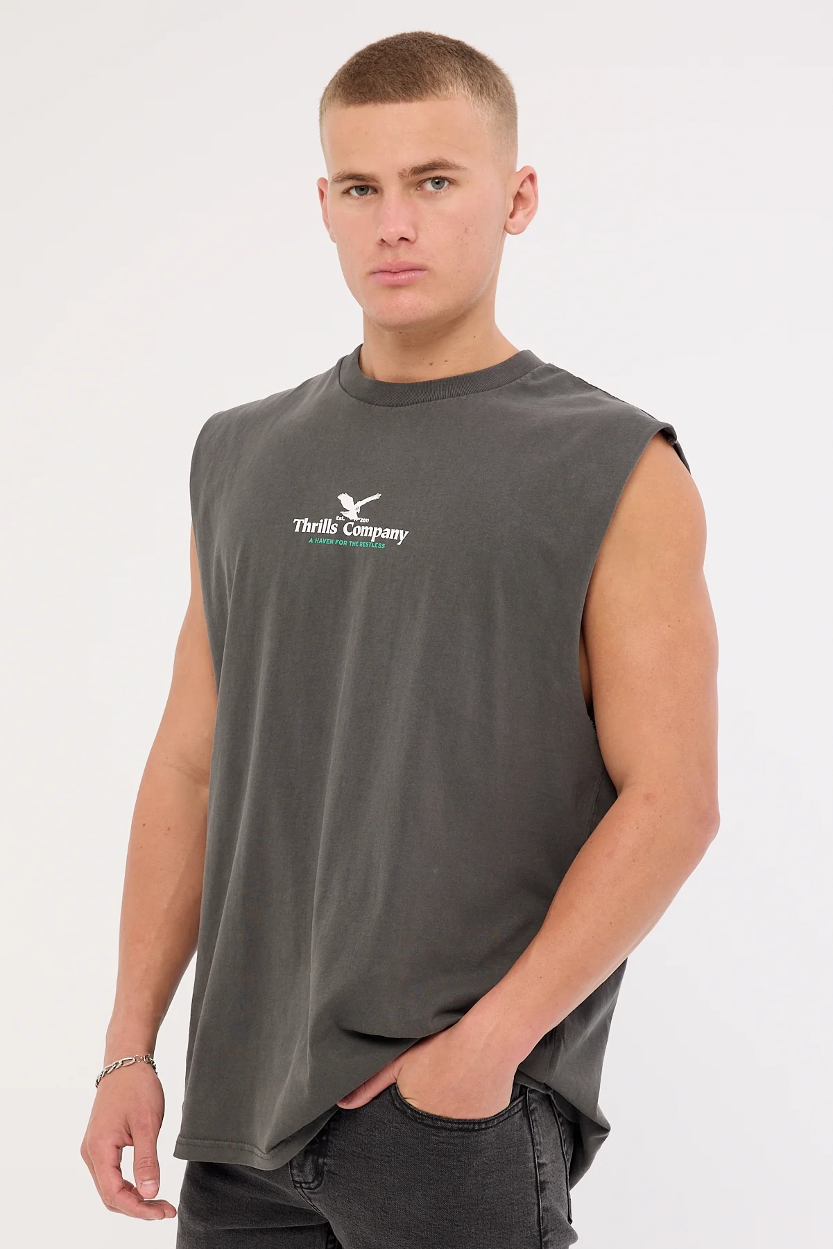 Thrills A Haven For The Restless Merch Fit Muscle Tee Merch Black - Image 4