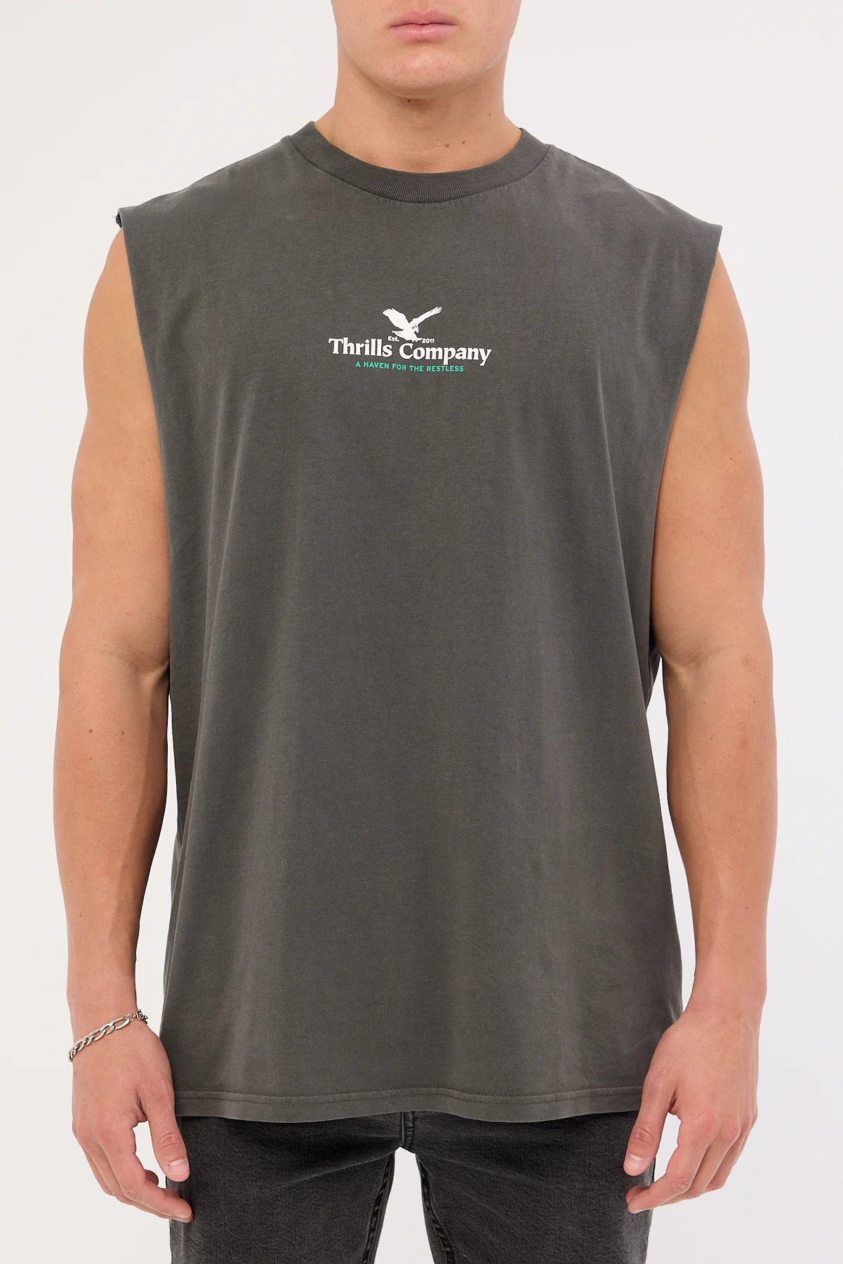 Thrills A Haven For The Restless Merch Fit Muscle Tee Merch Black - Image 6