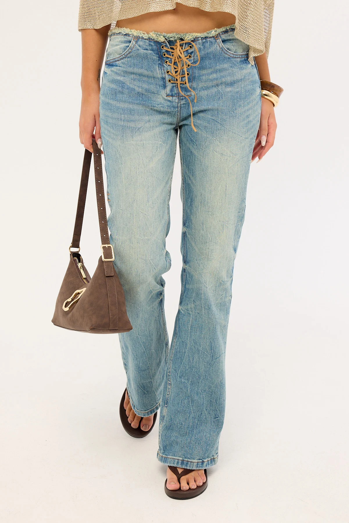 Thrills Cammie Low Rise Lace Up Jean Dirty Crinkle Blue - Image 2