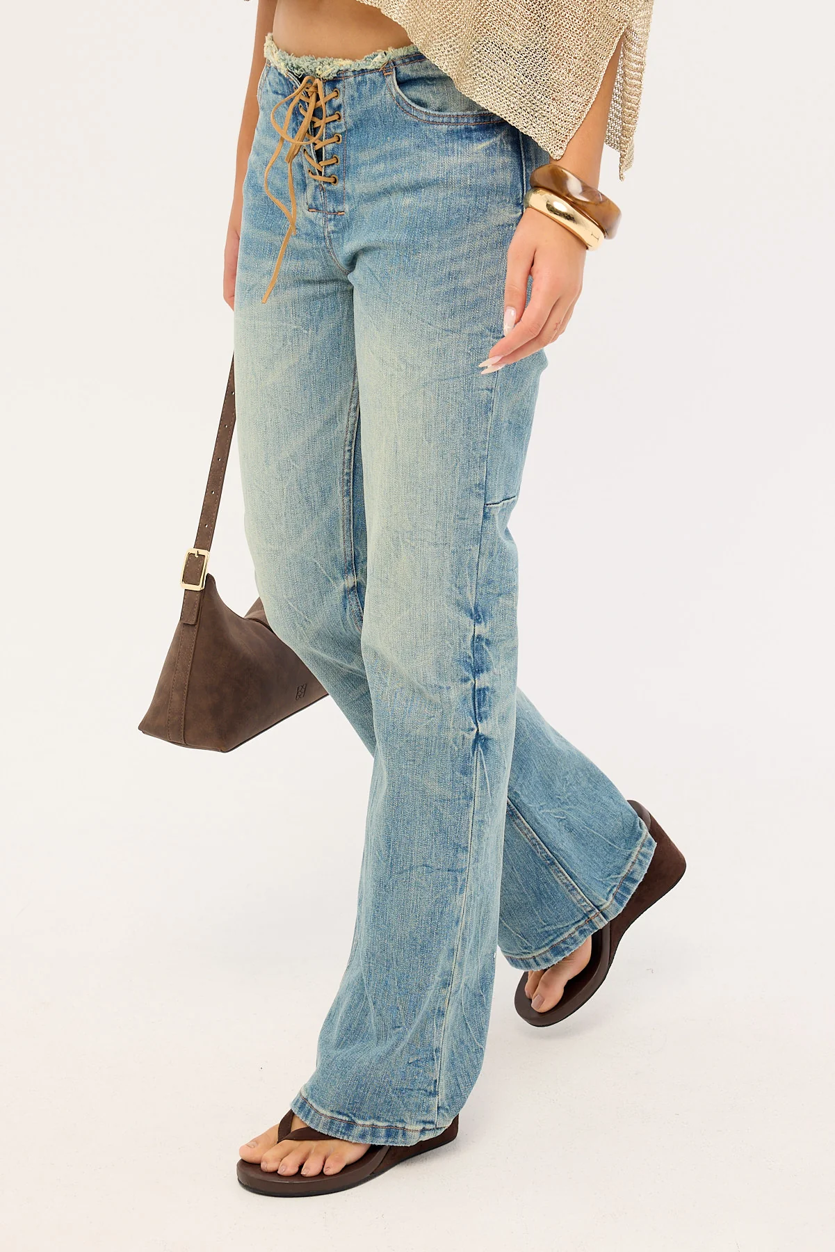 Thrills Cammie Low Rise Lace Up Jean Dirty Crinkle Blue - Image 3