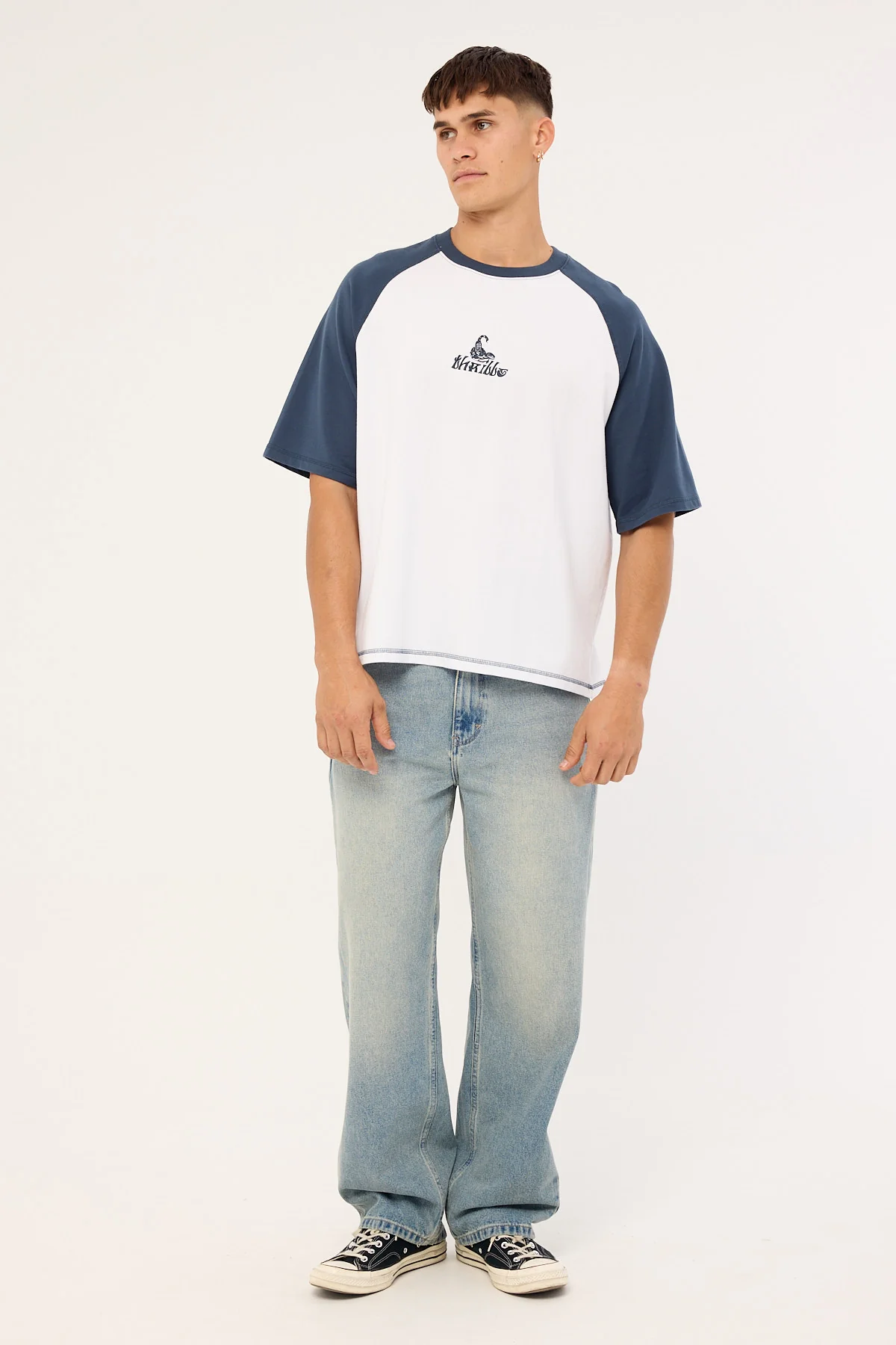 Thrills Chaotic State Embro Raglan Box Fit Oversize Cropped Tee White Petrol - Image 2