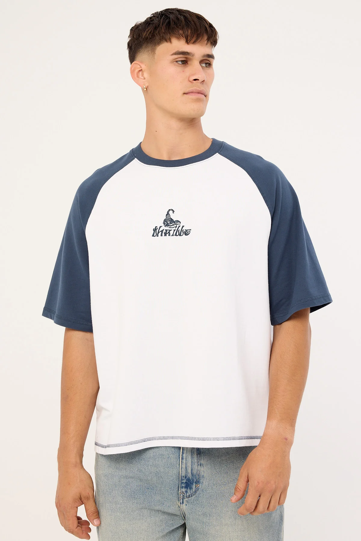 Thrills Chaotic State Embro Raglan Box Fit Oversize Cropped Tee White Petrol - Image 3