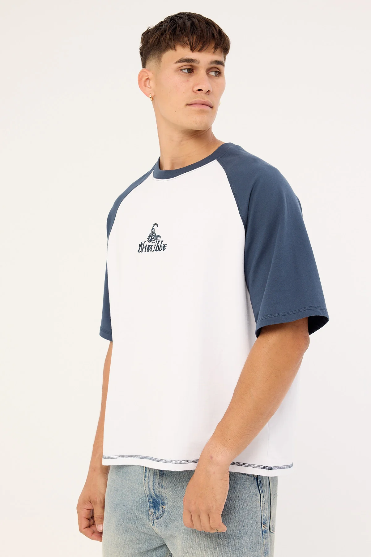 Thrills Chaotic State Embro Raglan Box Fit Oversize Cropped Tee White Petrol - Image 5