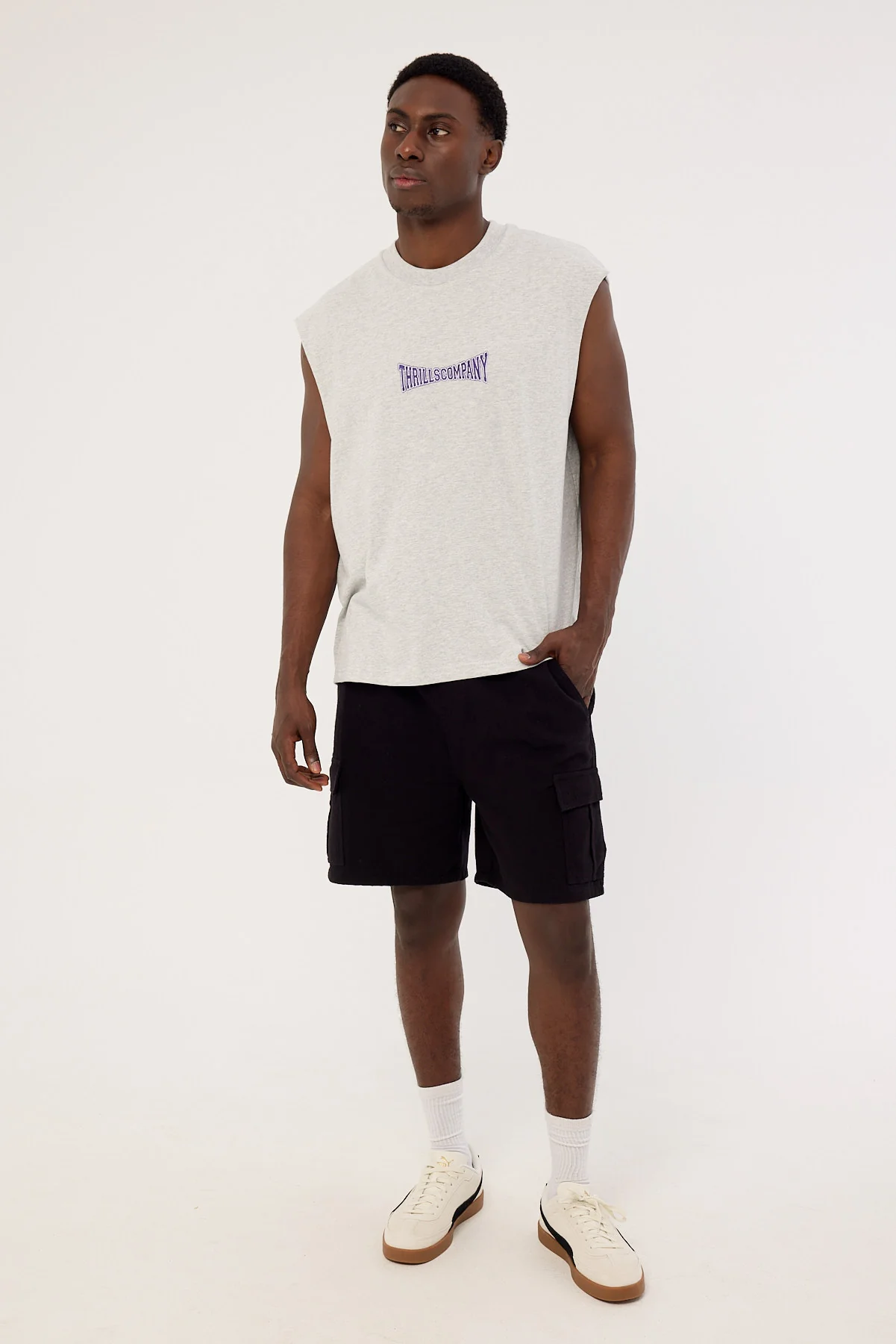 Thrills Double Down Embro Box Fit Oversize Short Muscle Tee Grey