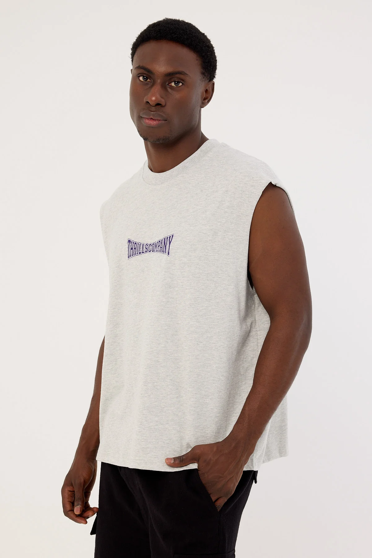 Thrills Double Down Embro Box Fit Oversize Short Muscle Tee Grey - Image 3