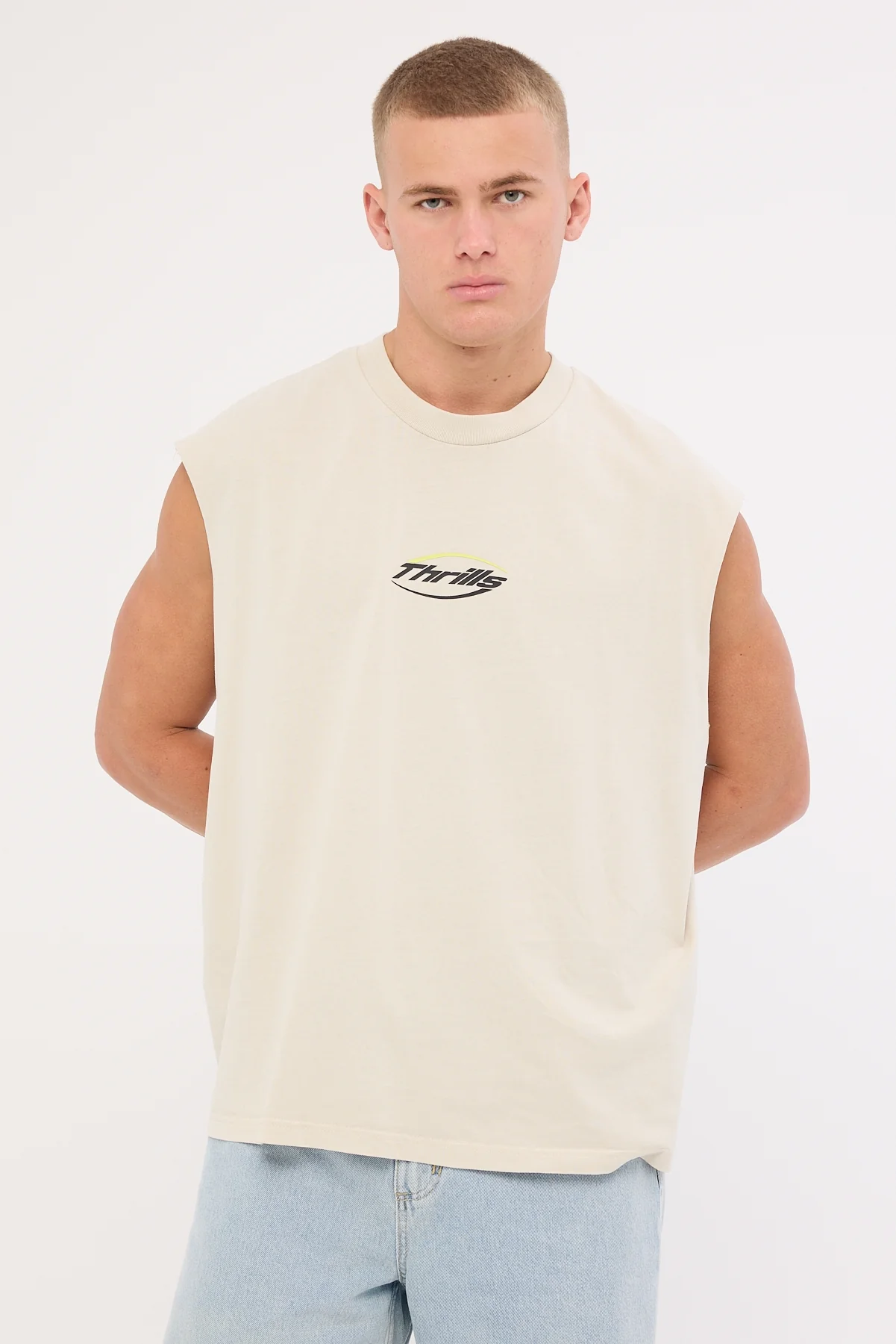 Thrills Fortune Favors Box Fit Oversize Cropped Muscle Tee Bisque