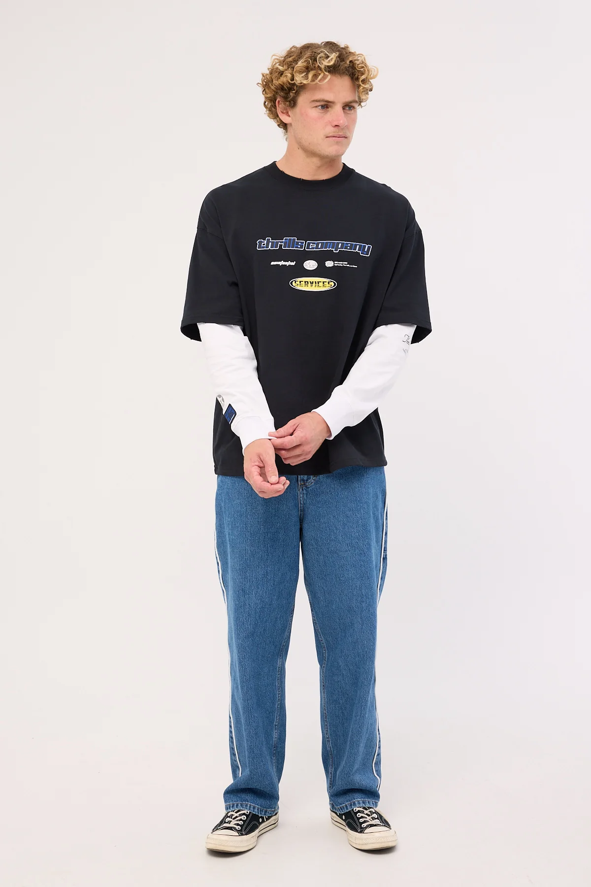 Thrills Fractured Layered Box Fit Oversize Long Sleeve Tee Washed Black - Image 2