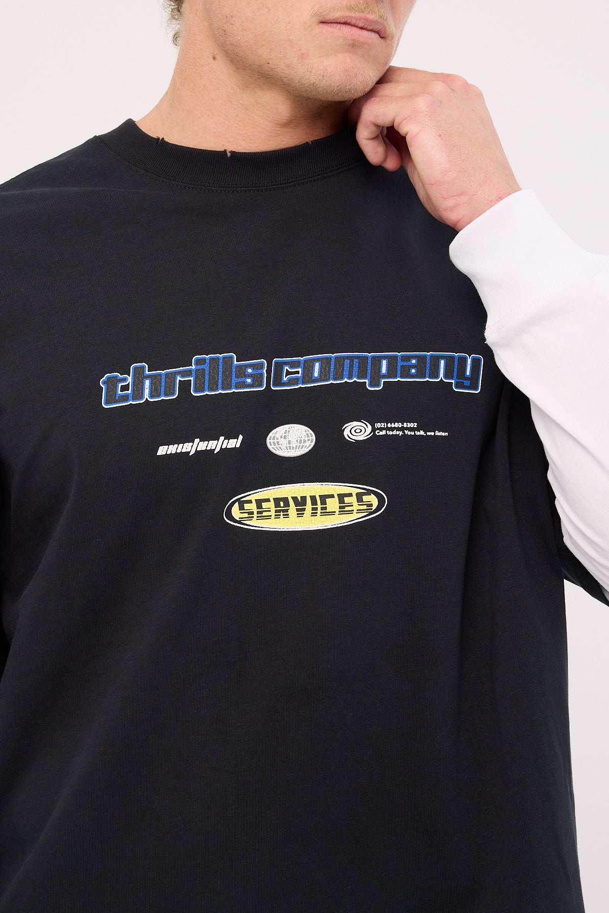 Thrills Fractured Layered Box Fit Oversize Long Sleeve Tee Washed Black - Image 3