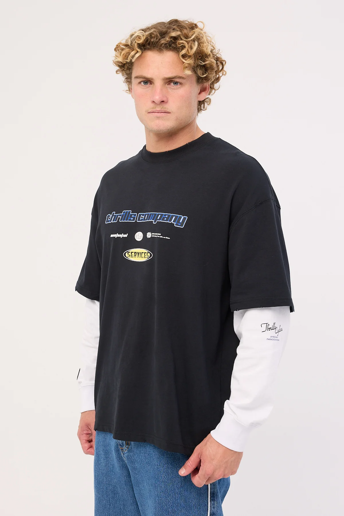 Thrills Fractured Layered Box Fit Oversize Long Sleeve Tee Washed Black - Image 4