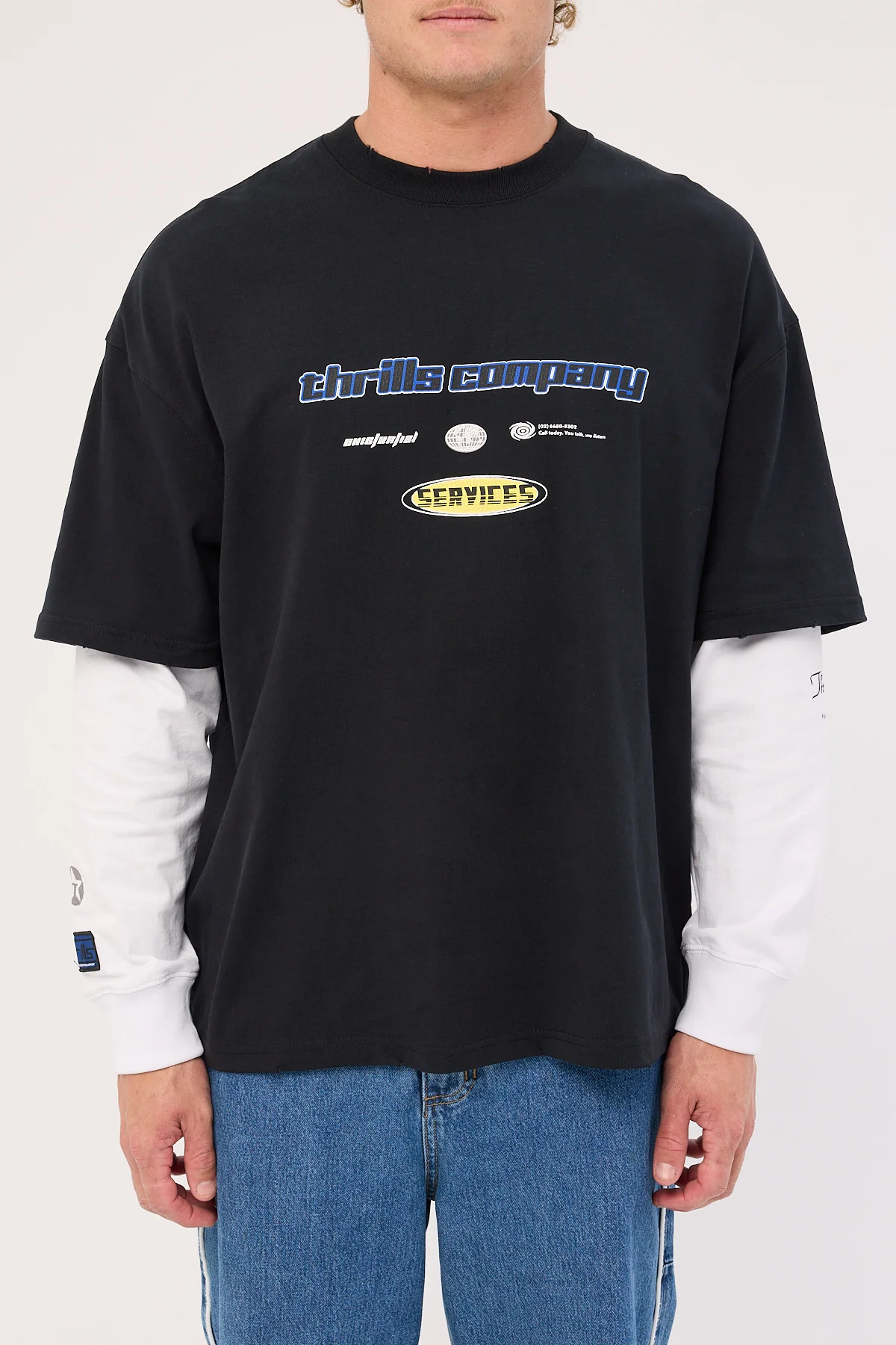Thrills Fractured Layered Box Fit Oversize Long Sleeve Tee Washed Black - Image 7