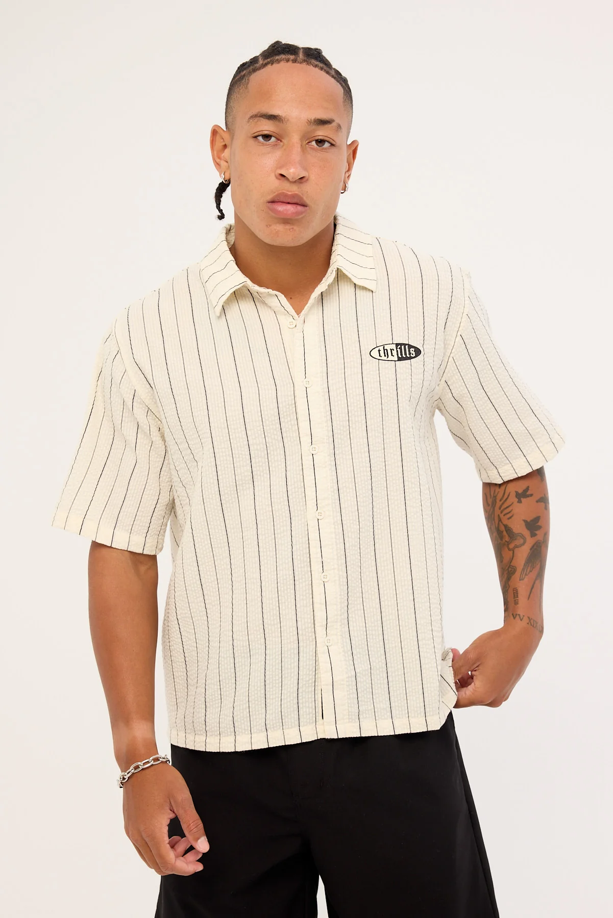 Thrills Future Vision Box Fit Cropped Short Sleeve Shirt White Stripe