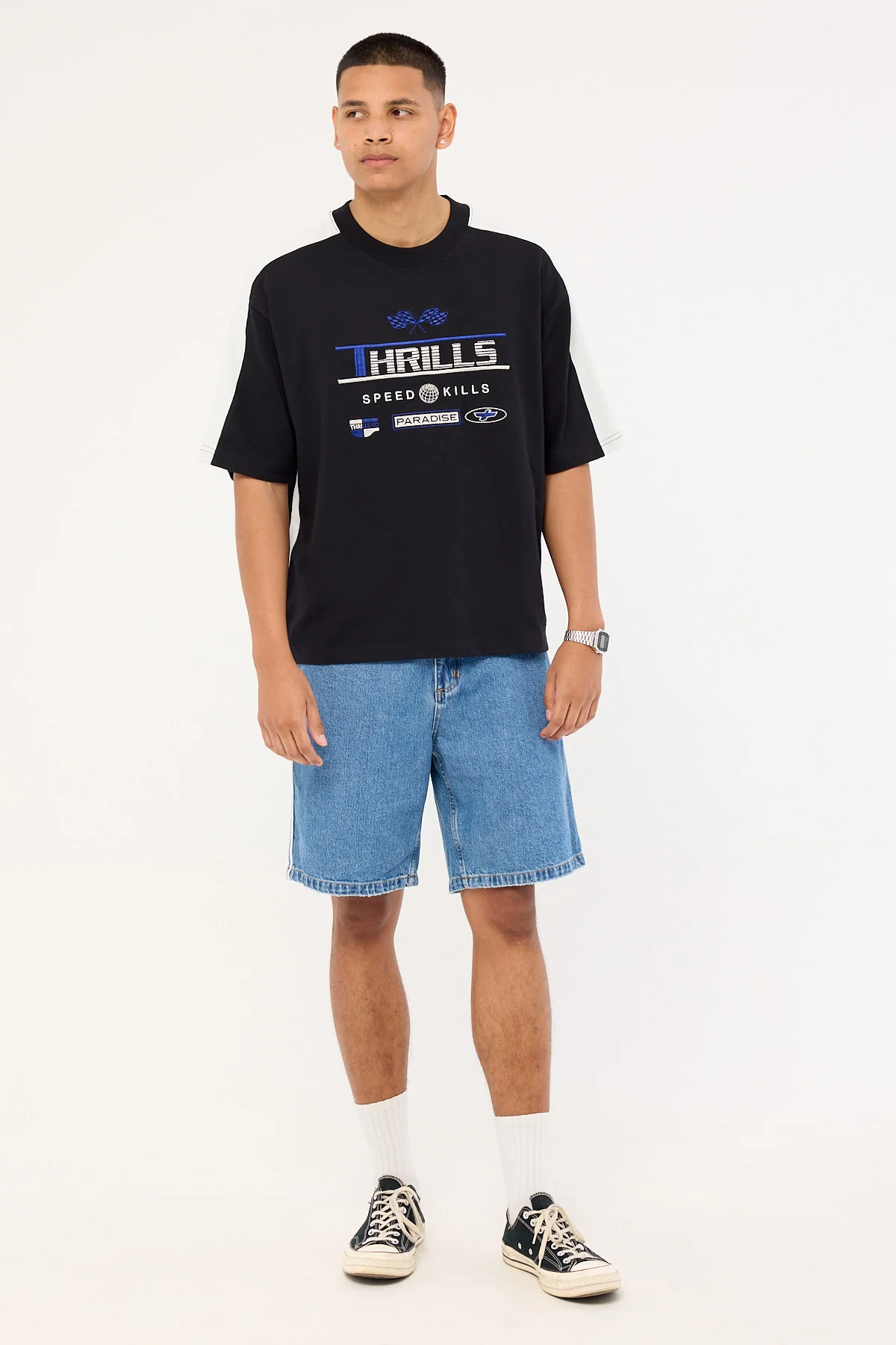 Thrills Rapid Fire Panel Box Fit Oversize Cropped Tee Black - Image 2