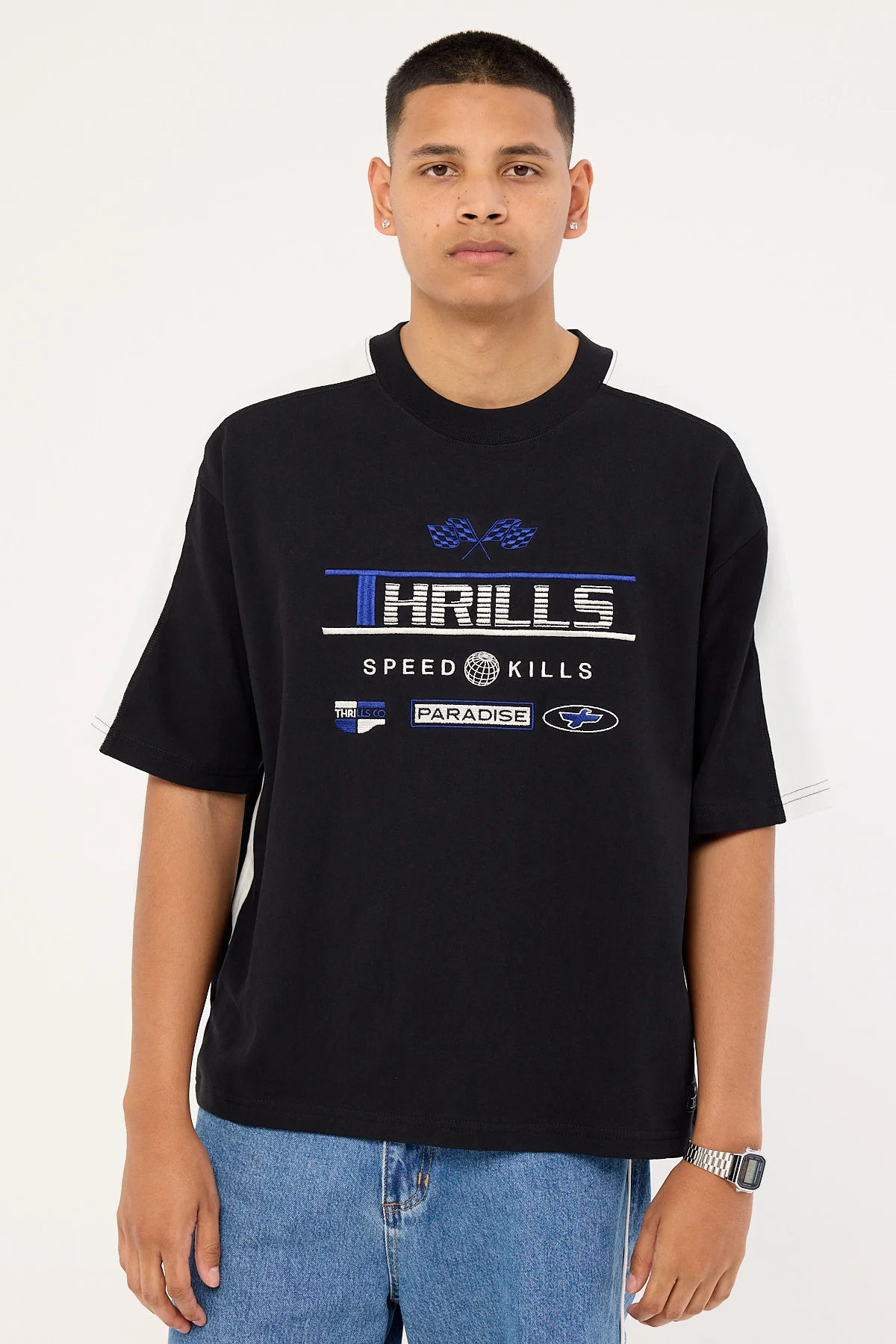 Thrills Rapid Fire Panel Box Fit Oversize Cropped Tee Black - Image 3