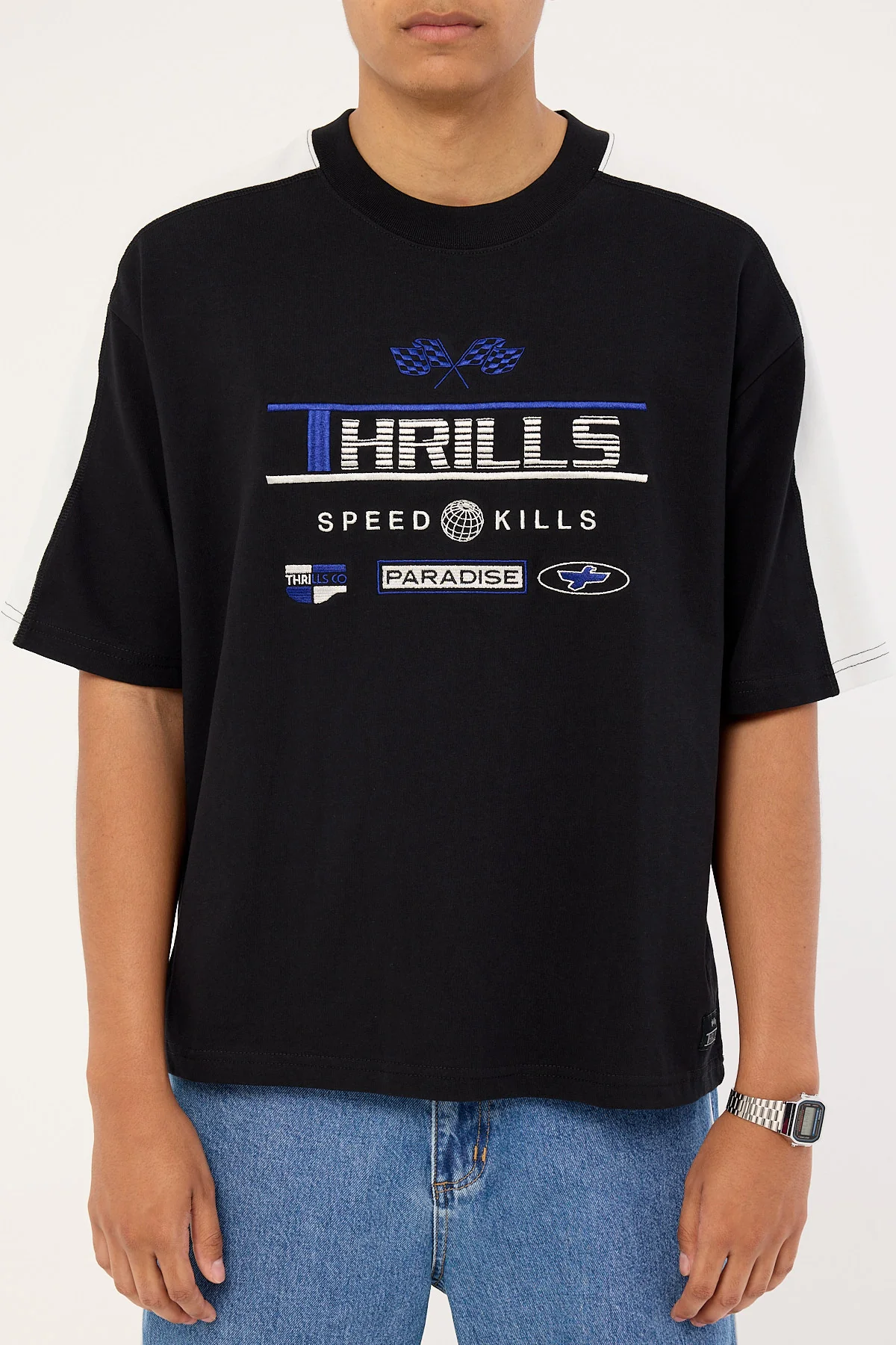 Thrills Rapid Fire Panel Box Fit Oversize Cropped Tee Black - Image 7