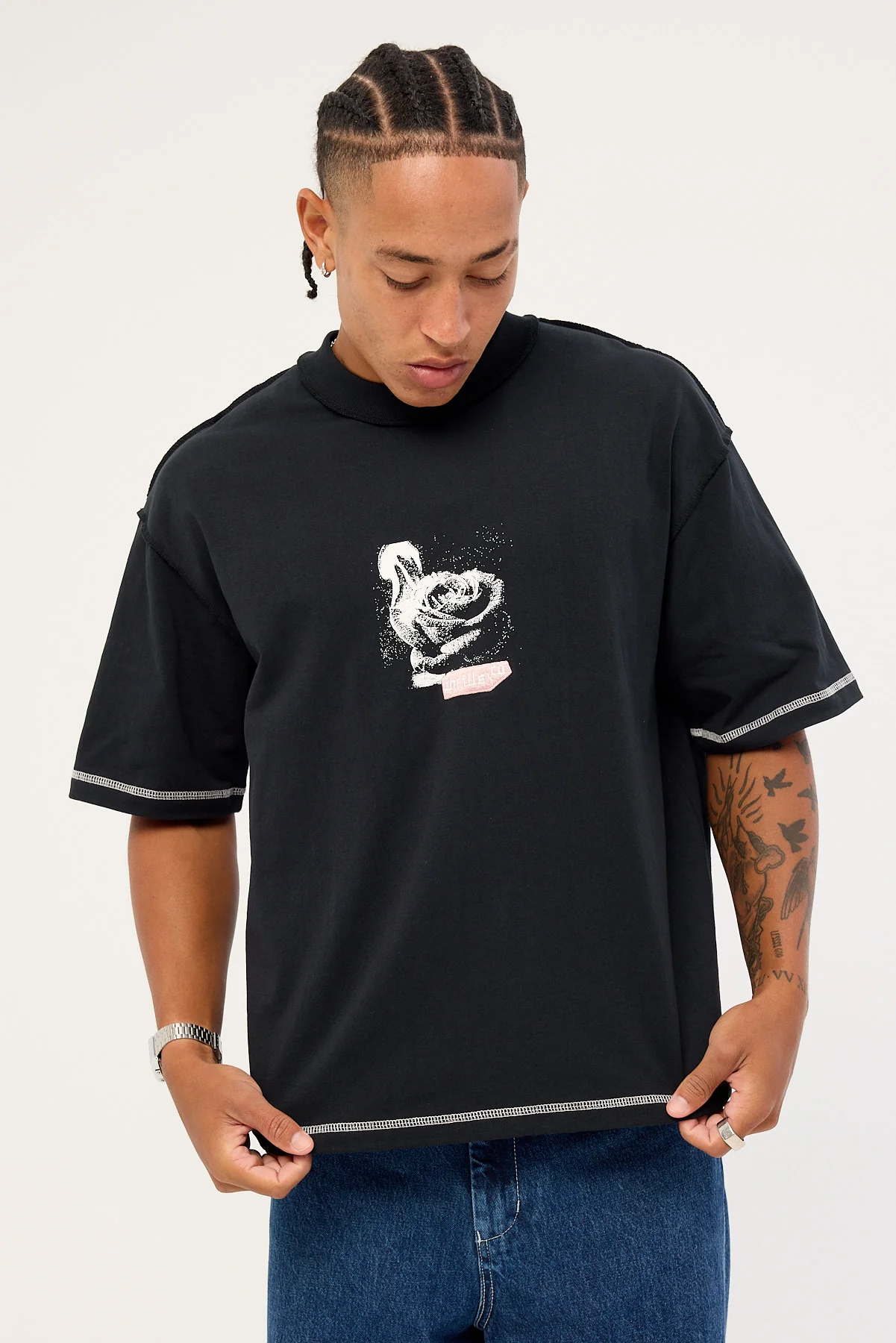 Thrills Rose Brigade Box Fit Oversize Cropped Tee Washed Black