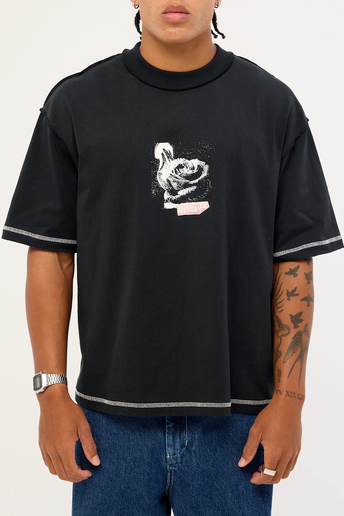 Thrills Rose Brigade Box Fit Oversize Cropped Tee Washed Black - Image 6