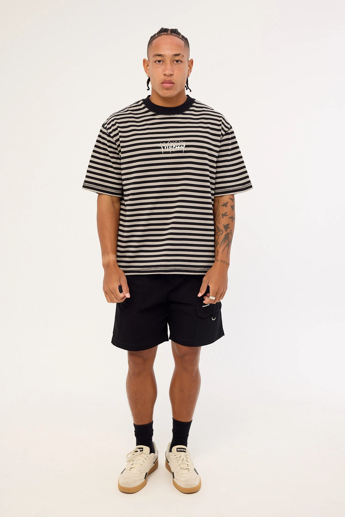 Thrills Shattered Stripe Box Fit Oversize Cropped Tee Grey Stripe