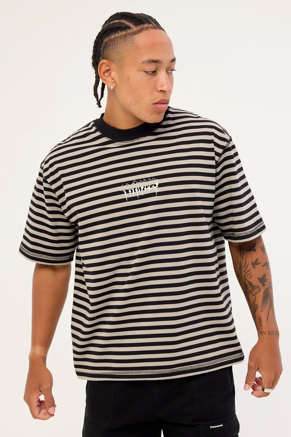 Thrills Shattered Stripe Box Fit Oversize Cropped Tee Grey Stripe - Image 2