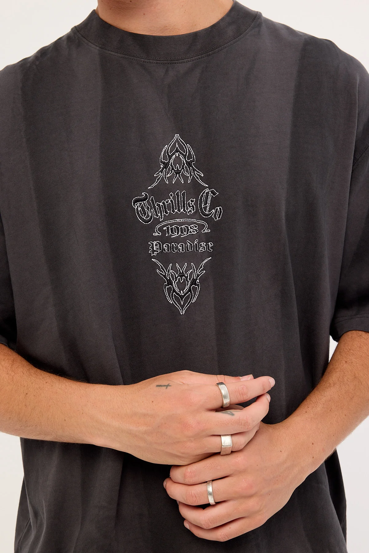 Thrills Superstition Sunfade Box Fit Oversize Cropped Tee Dark Sunfade Bleach Charcoal - Image 3