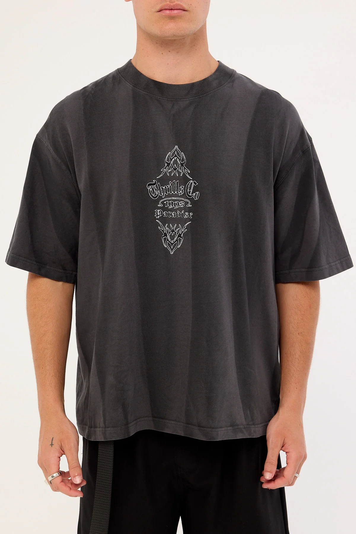 Thrills Superstition Sunfade Box Fit Oversize Cropped Tee Dark Sunfade Bleach Charcoal - Image 6