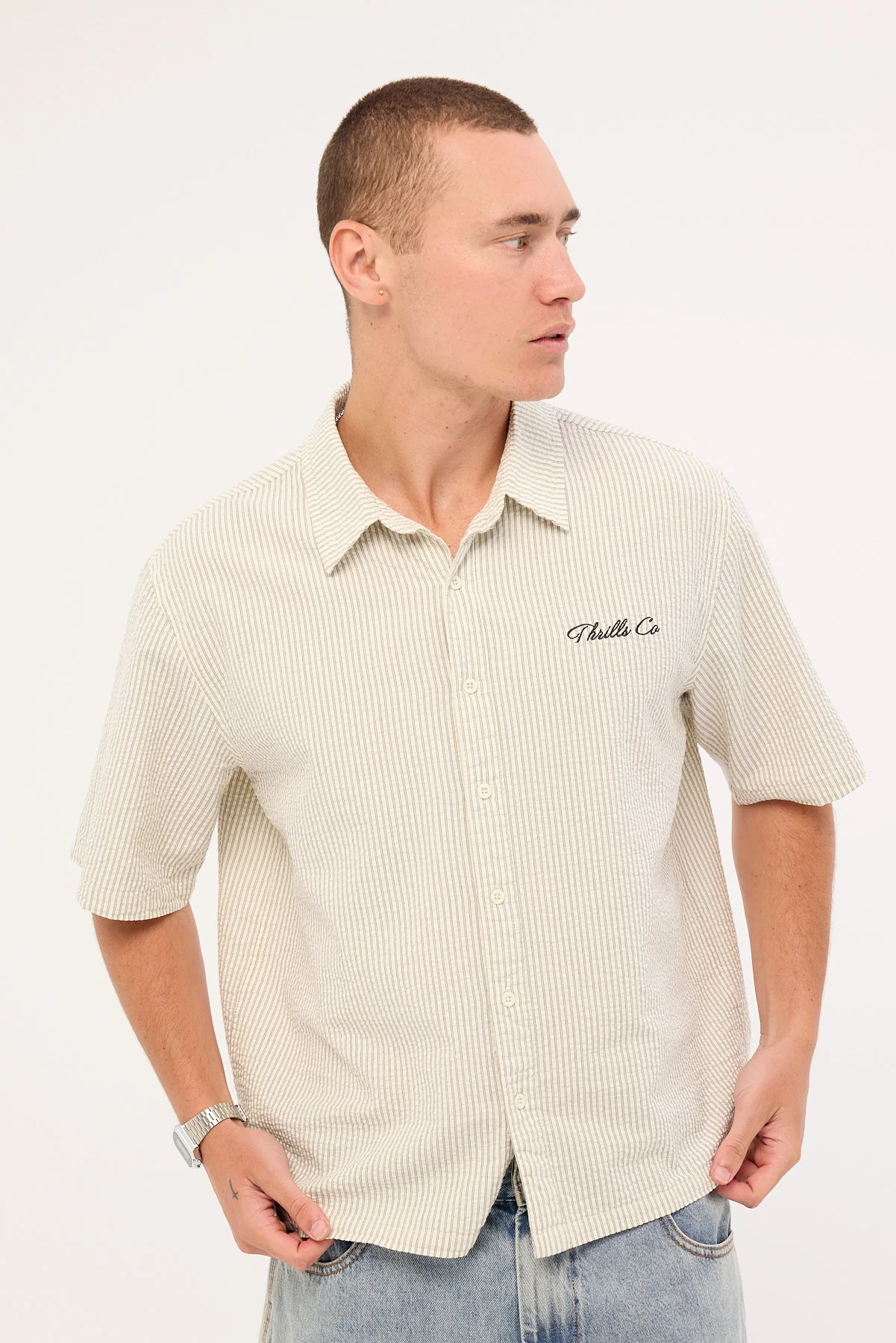 Thrills Visions Box Fit Cropped Short Sleeve Shirt Heritage White Stripe - Image 2