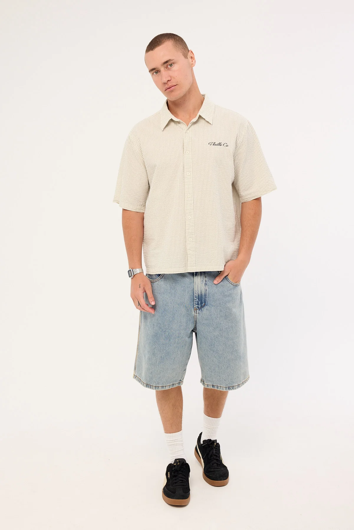 Thrills Visions Box Fit Cropped Short Sleeve Shirt Heritage White Stripe - Image 3