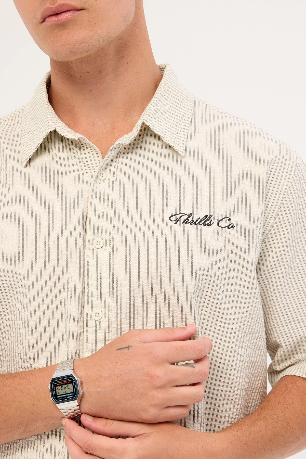 Thrills Visions Box Fit Cropped Short Sleeve Shirt Heritage White Stripe - Image 4