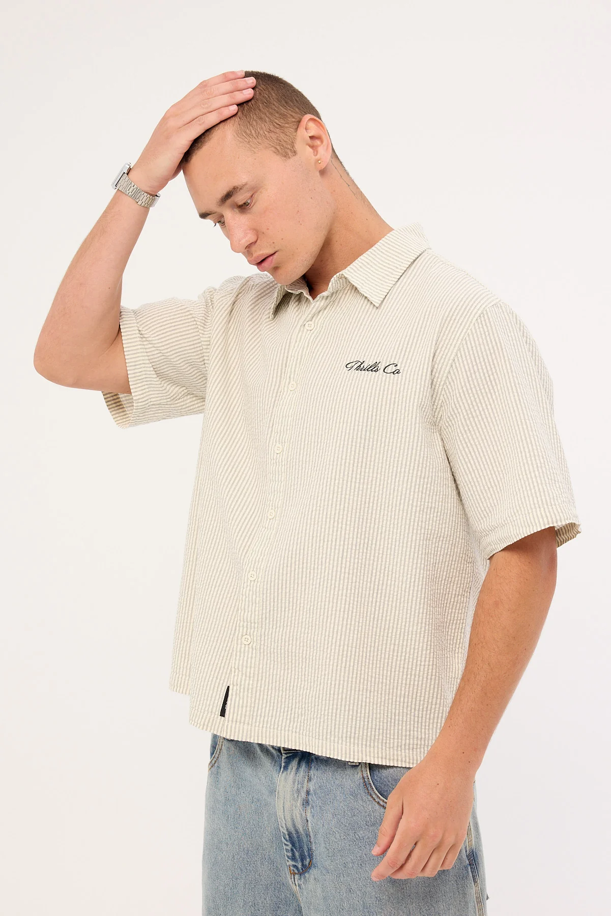 Thrills Visions Box Fit Cropped Short Sleeve Shirt Heritage White Stripe - Image 5