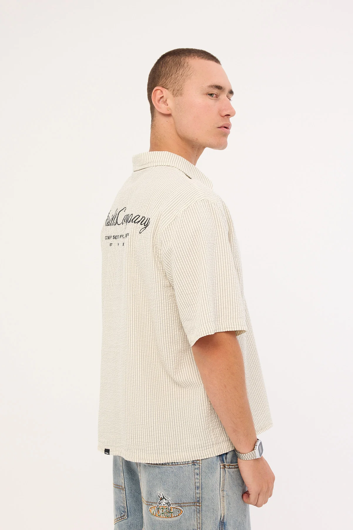 Thrills Visions Box Fit Cropped Short Sleeve Shirt Heritage White Stripe - Image 6