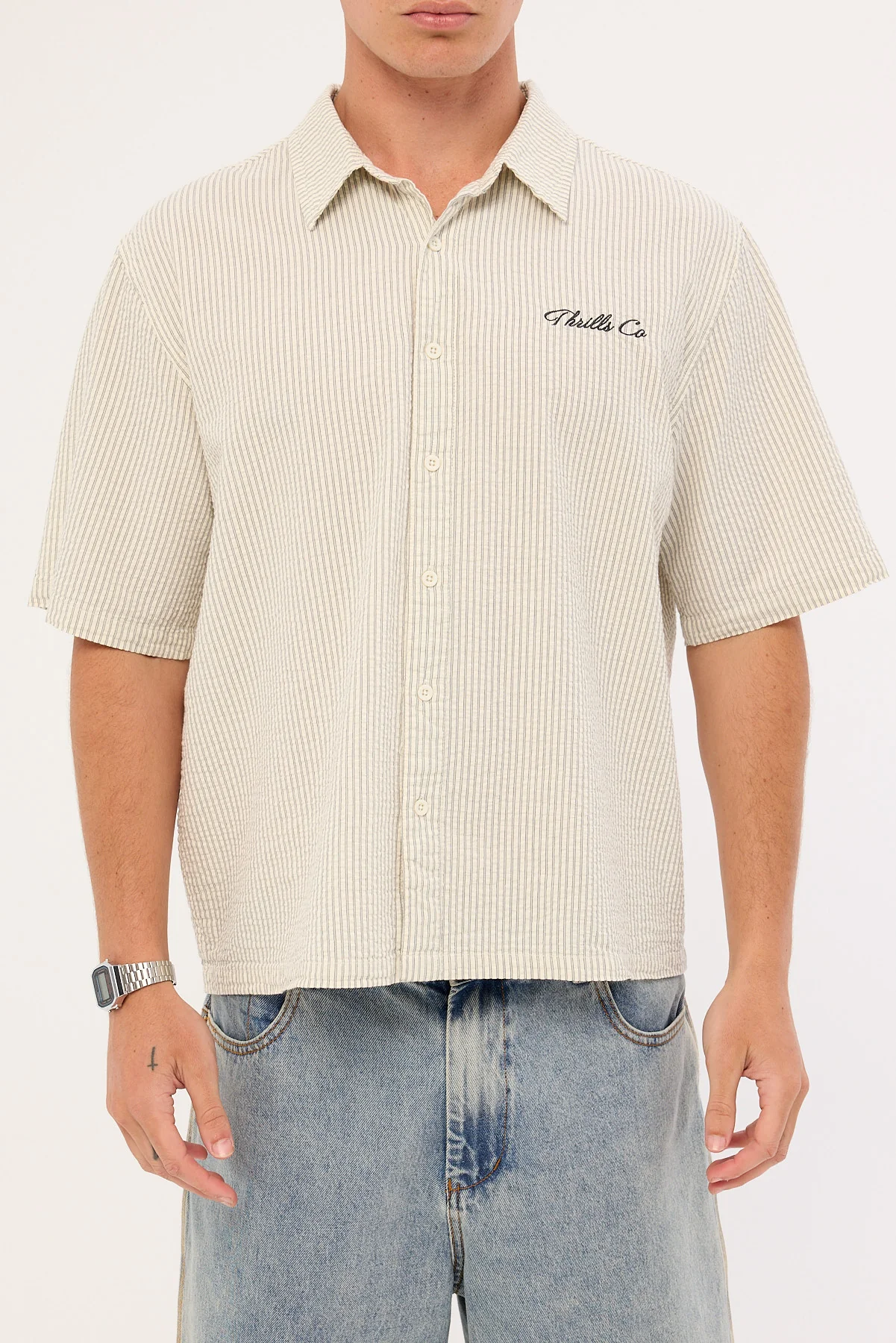 Thrills Visions Box Fit Cropped Short Sleeve Shirt Heritage White Stripe - Image 8