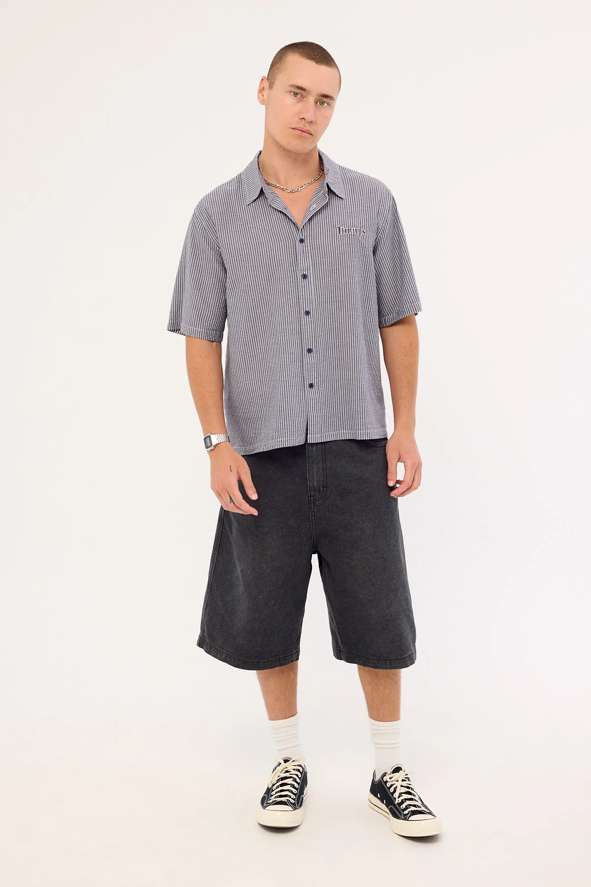 Thrills Web Of Deceit Box Fit Cropped Short Sleeve Shirt Navy Stripe - Image 2