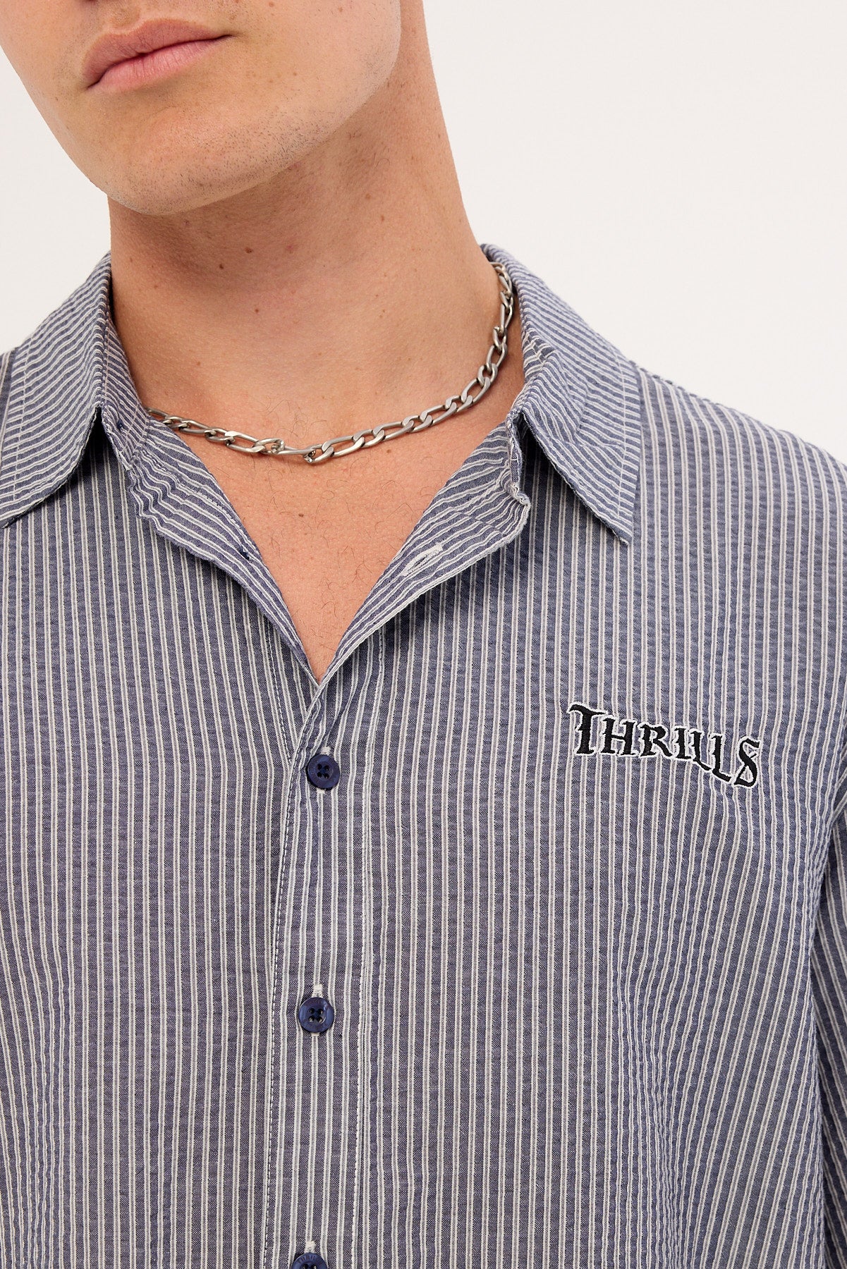 Thrills Web Of Deceit Box Fit Cropped Short Sleeve Shirt Navy Stripe - Image 3