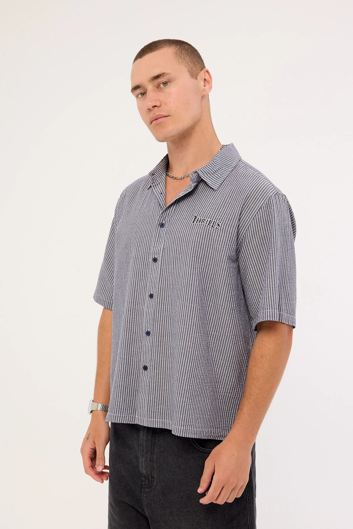 Thrills Web Of Deceit Box Fit Cropped Short Sleeve Shirt Navy Stripe - Image 4