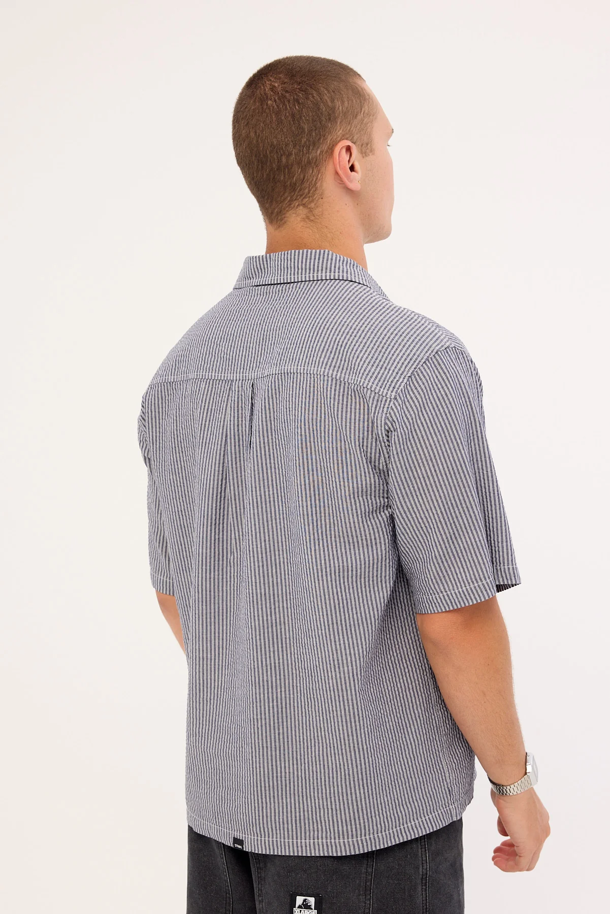 Thrills Web Of Deceit Box Fit Cropped Short Sleeve Shirt Navy Stripe - Image 5