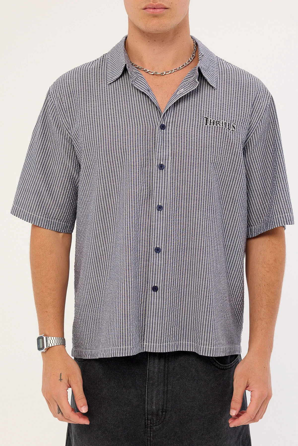 Thrills Web Of Deceit Box Fit Cropped Short Sleeve Shirt Navy Stripe - Image 6