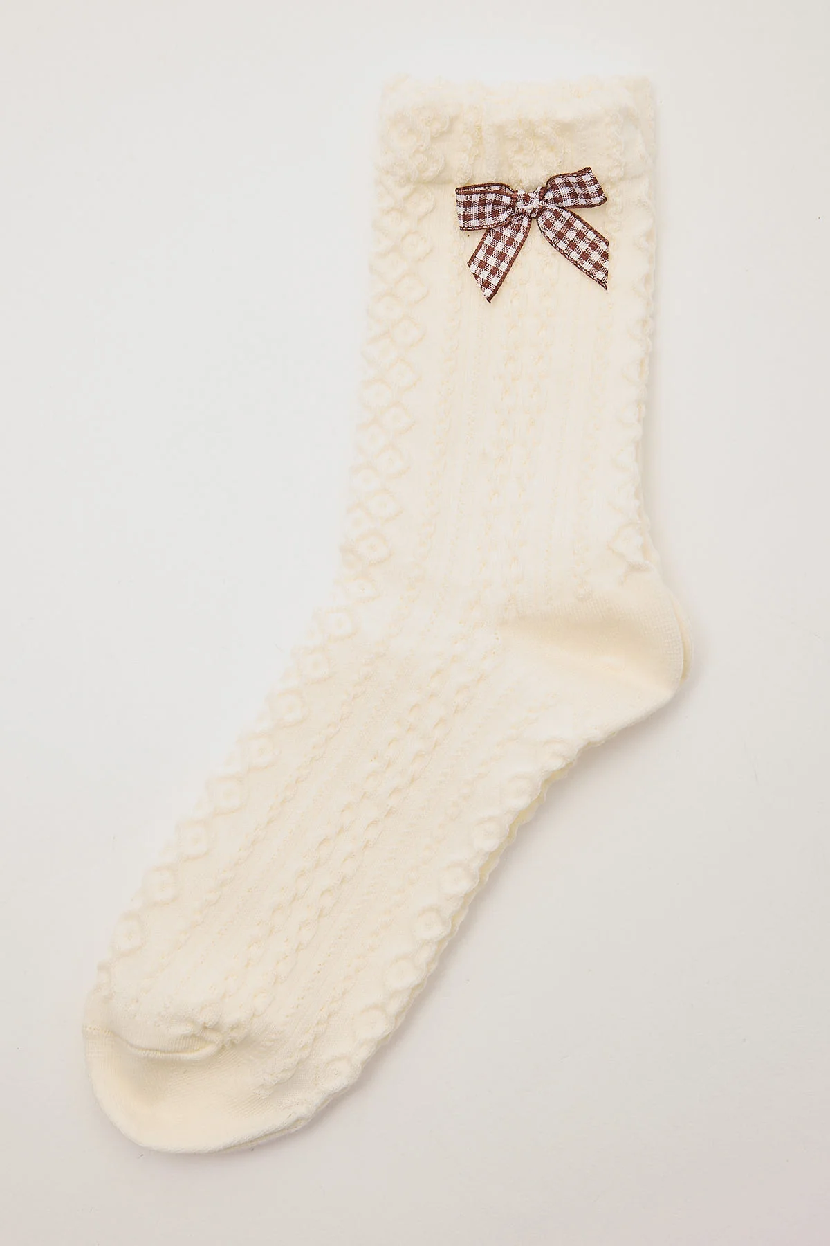 Token Cable Knit Bow Socks Cream and Brown Gingham
