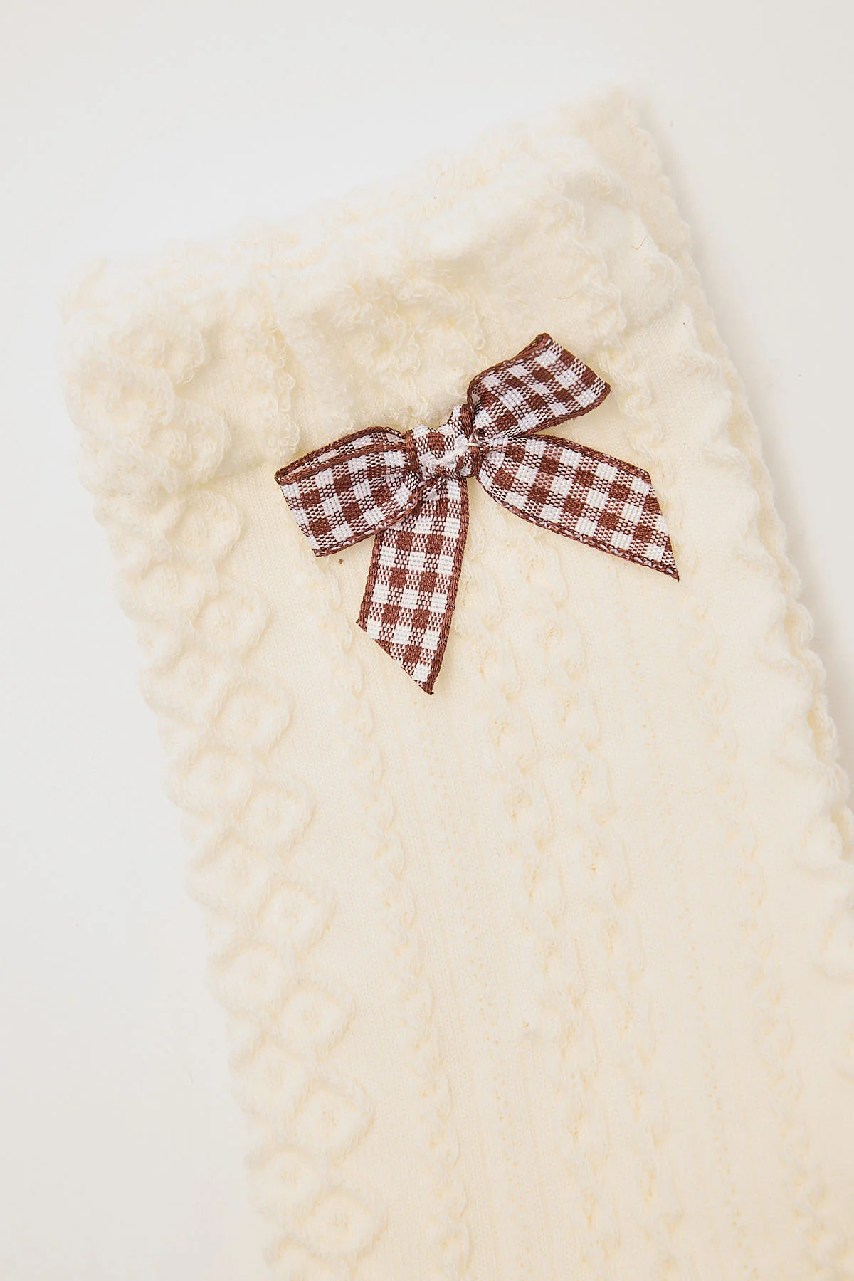 Token Cable Knit Bow Socks Cream and Brown Gingham - Image 2