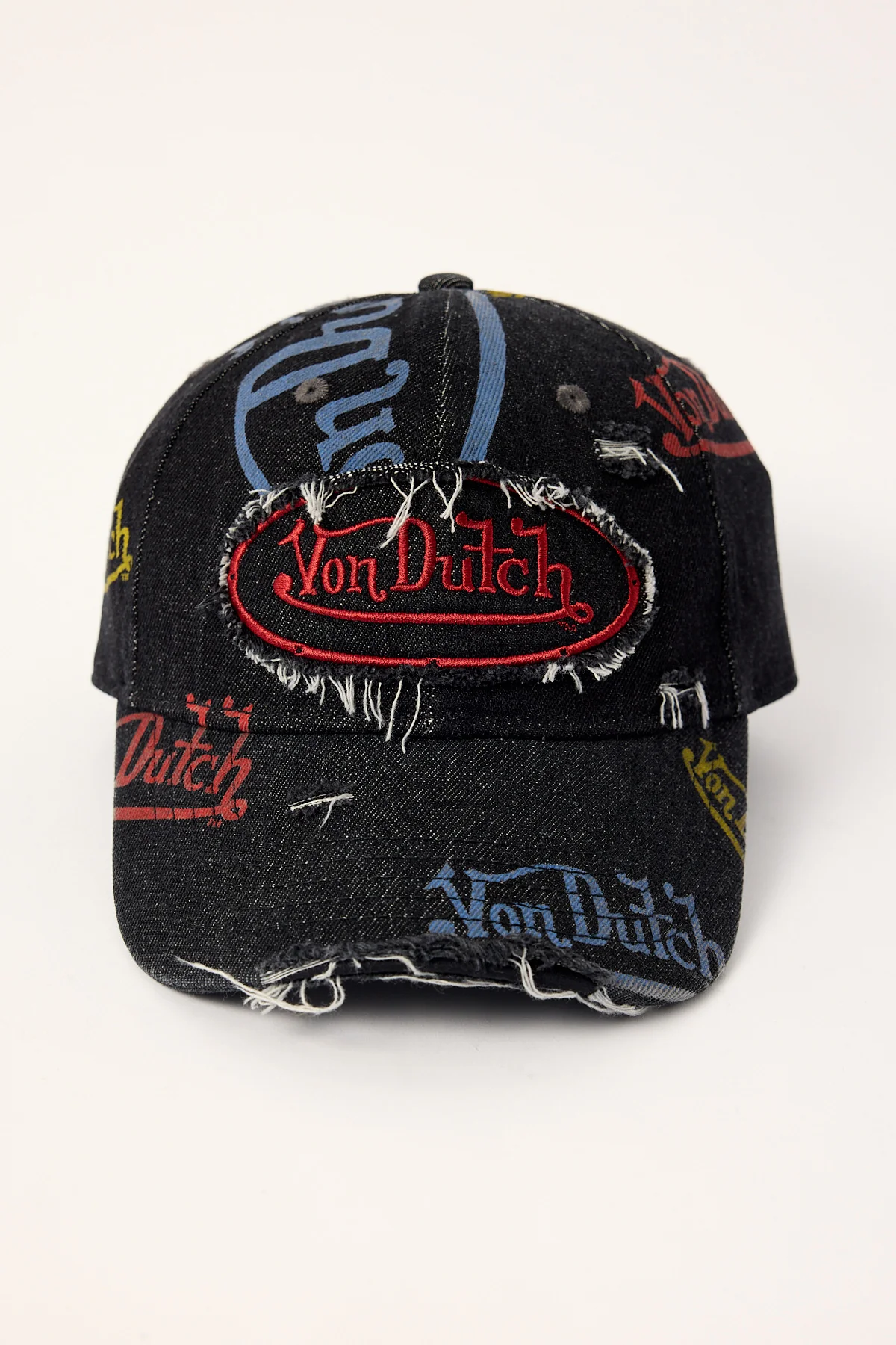 Von Dutch Distressed Denim Logos Dad Cap Washed Black