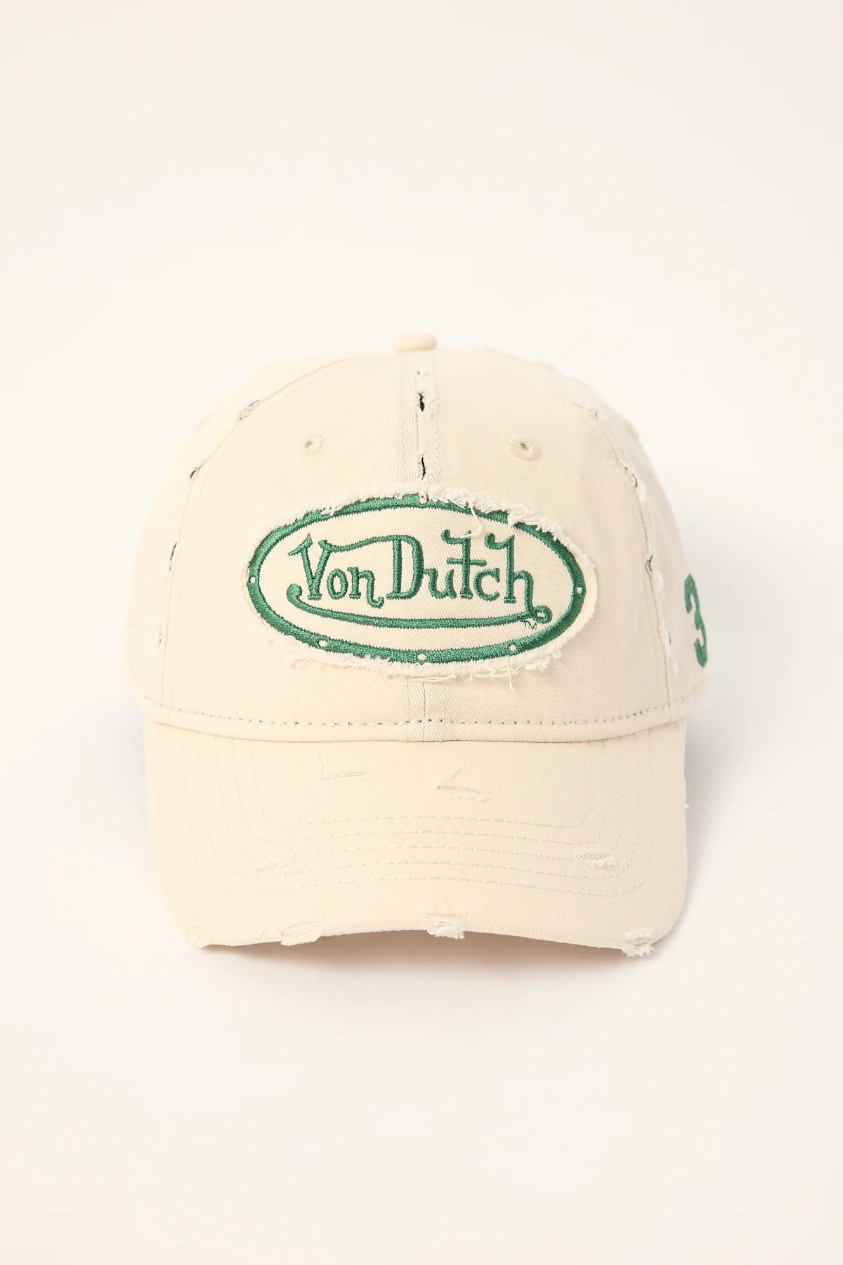 Von Dutch Torn Twill Patch Dad Cap Beige/Green Embroidery