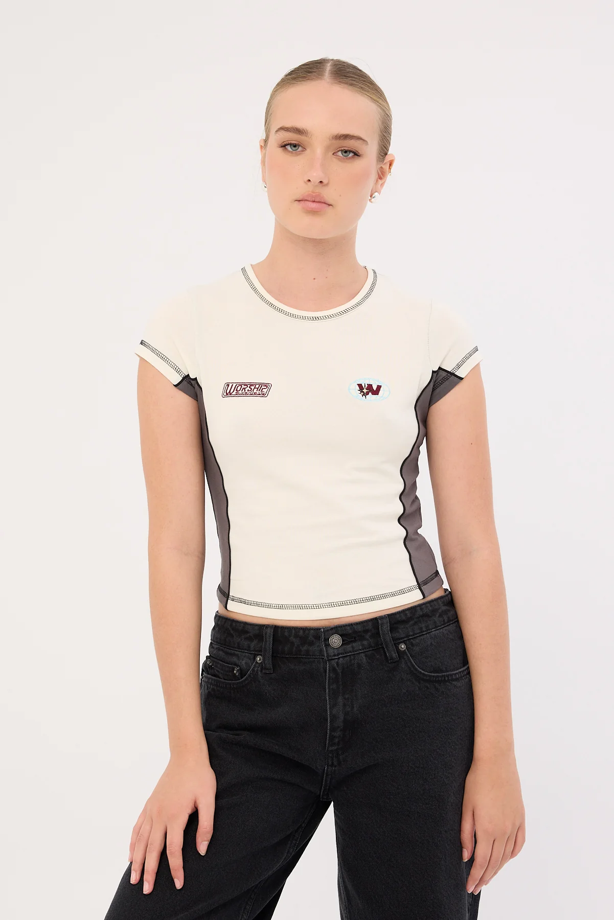 Worship Anytime Panelled Cap Sleeve Tee Zine/Worn Black